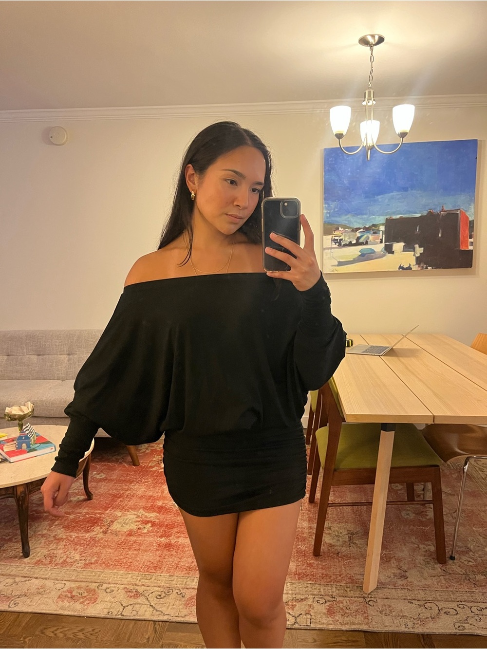 Off-Shoulder Black Ruched Mini Dress - Picture 2 of 6